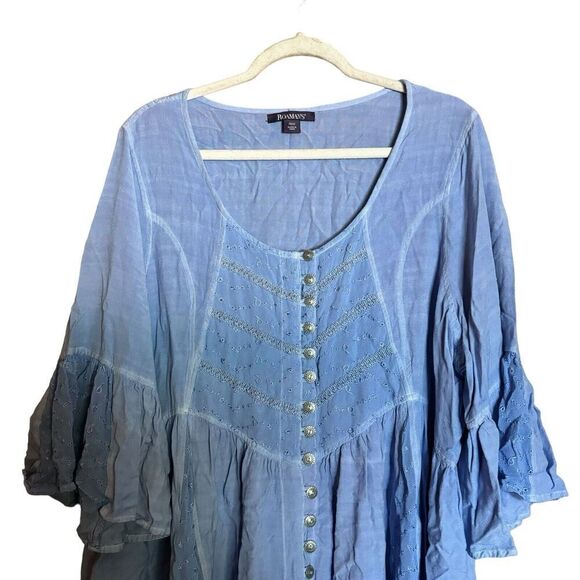 Roamans Top Womens 26W Blue Eyelet Mixed Media Boho Flutter Button Detail Blouse - Picture 3 of 9